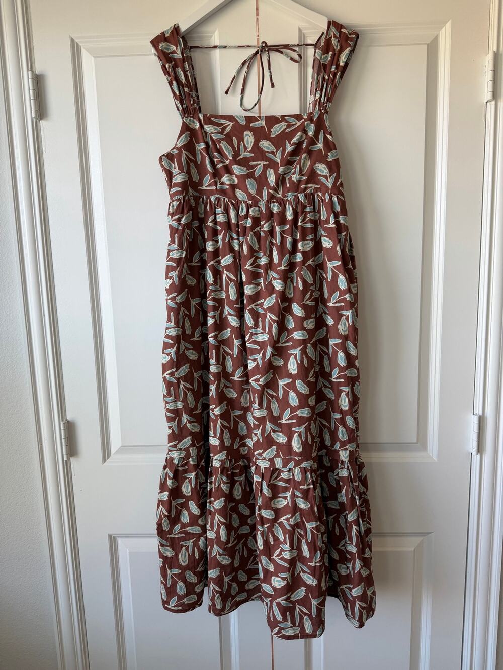 Aureum Brown / Blue Floral Midi Smocked Tiered Midi Dress - Size M